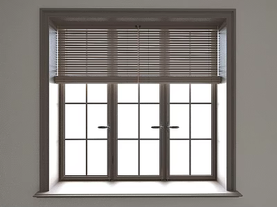 Wooden Blinds For Double Casement Window With Dark Frame And Natural Light 3d model