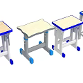 Stools with Wooden Seats Blue Edges White Frames and Rolling Wheels 3d model