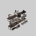 Modern Chinese Style Wooden Tea Table And Chairs With Tea Sets Potted Plants And Decorative Items