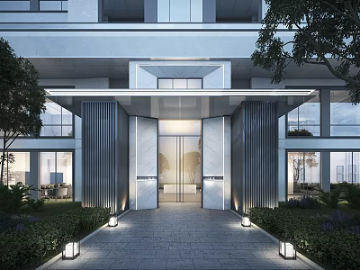 Modern Building Facade With Glass Curtain Wall Metal Columns Entrance Lighting And Greenery 3d model