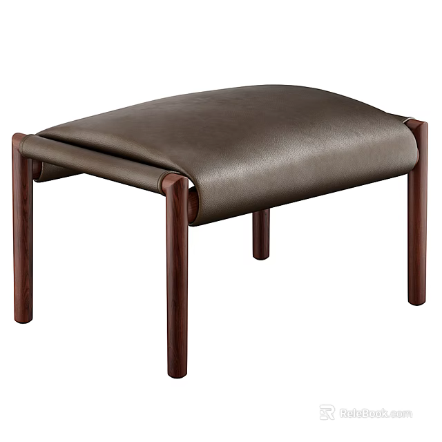 Stylish Dark Brown Leather Upholstered Sofa Stool With Wooden Legs Modern Design 3d model 
