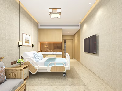 Modern Hospital Room Interior With Adjustable Bed TV And Wooden Cabinets 3d model