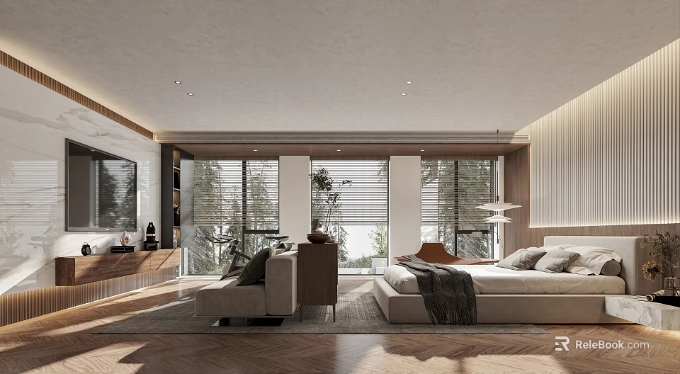 Modern Bedroom Interior Design With Large Windows Bed Leather Sofa And Green Plants 3d model 