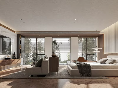 Modern Bedroom Interior Design With Large Windows Bed Leather Sofa And Green Plants 3d model