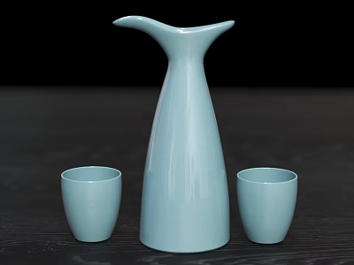 Light Blue Ceramic Wine Decanter And Cups On Dark Modern Tabletop 3d model