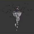 Character On Spiral Shaped Platform With Flying Black Abstract Creatures