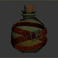Ornate Potion Bottle With Cork Stopper Green Gold Sheen Red Straps And Metal Buckle