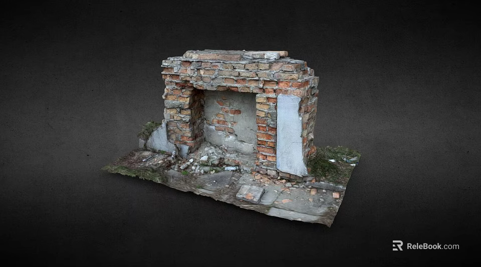 Dilapidated Building Exterior Wall with Damaged Bricks Concrete Sections and Weeds 3d model 