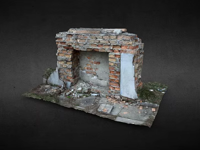 Dilapidated Building Exterior Wall with Damaged Bricks Concrete Sections and Weeds 3d model