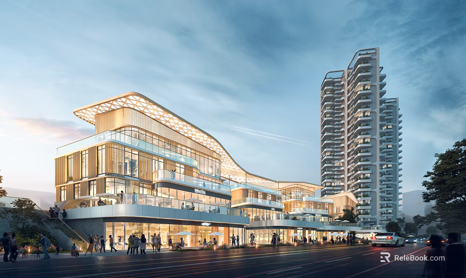 Modern Commercial Street With Glass Facades Multi Story Buildings And Pedestrians 3d model 