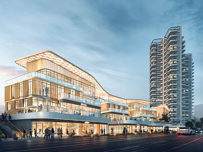 Modern Commercial Street With Glass Facades Multi Story Buildings And Pedestrians 3d model