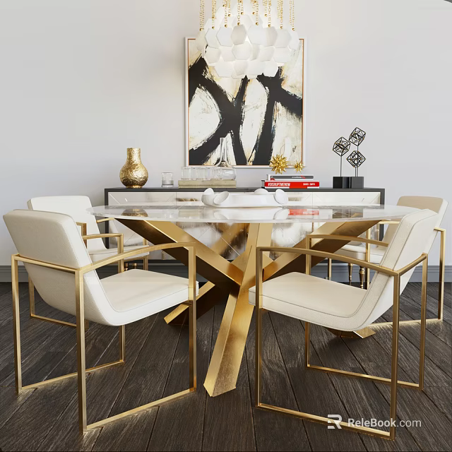 Elegant Modern Dining Table Set with Gold Frame White Chairs and Marble Top 3d model 