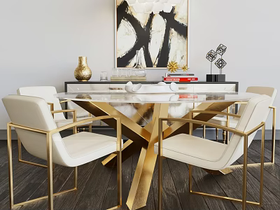 Elegant Modern Dining Table Set with Gold Frame White Chairs and Marble Top 3d model