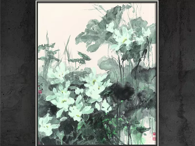 Traditional Chinese Botanical Painting With White Lotus Flowers And Green Leaves 3d model