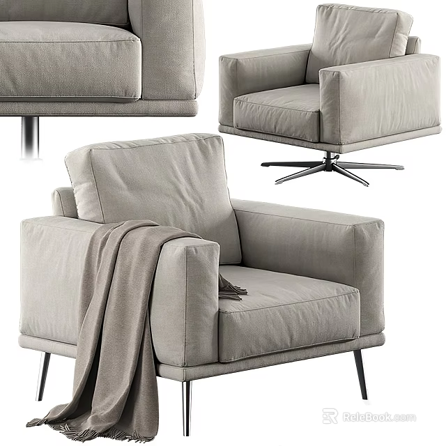 Modern Minimalist Light Gray Fabric Single Sofa With Swivel Base Throw Blanket And Metal Legs 3d model 