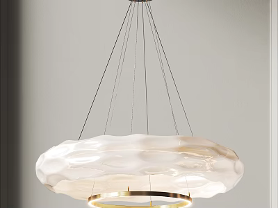 Modern Round White Textured Chandelier with Gold Ring Hanging from Ceiling 3d model