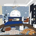 Kids Room Interior Design With Blue Walls Moon Cloud Patterns Circular Chandelier And Giraffe Plush