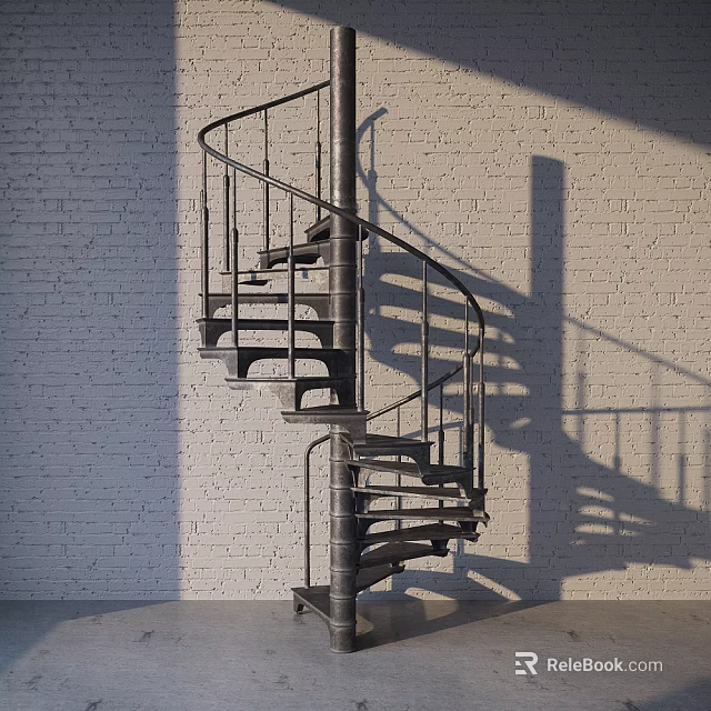 Spiral Staircase With Metal Railing Against White Brick Wall And Shadow 3d model 