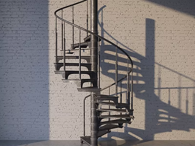 Spiral Staircase With Metal Railing Against White Brick Wall And Shadow 3d model