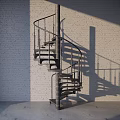 Spiral Staircase With Metal Railing Against White Brick Wall And Shadow