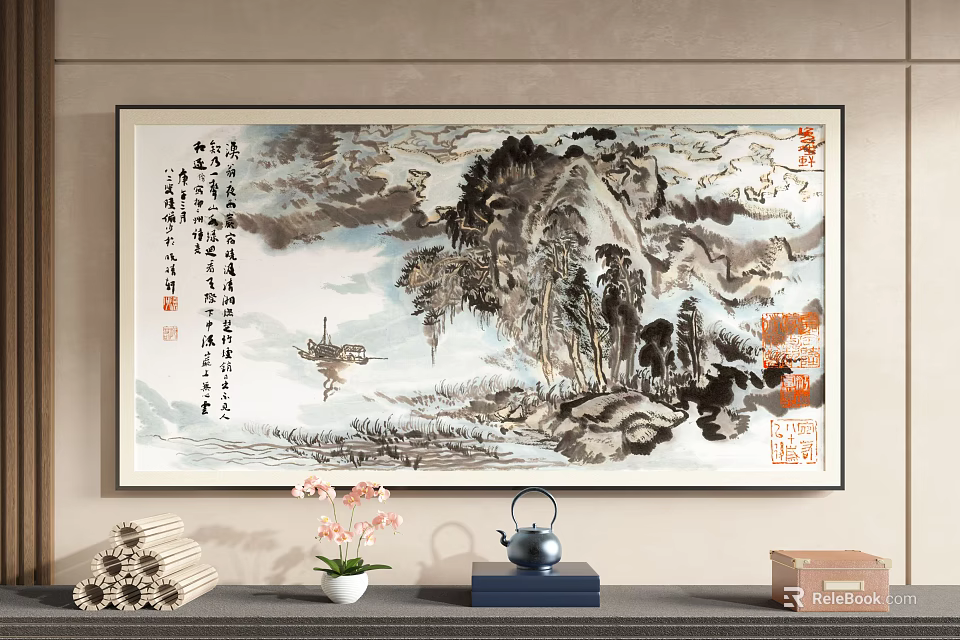 Traditional Chinese Landscape Painting With Mountain Water Clouds And Bamboo Scroll Decor On Interior Wall 3d model 