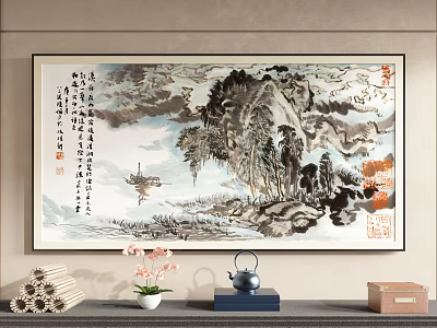 Traditional Chinese Landscape Painting With Mountain Water Clouds And Bamboo Scroll Decor On Interior Wall 3d model