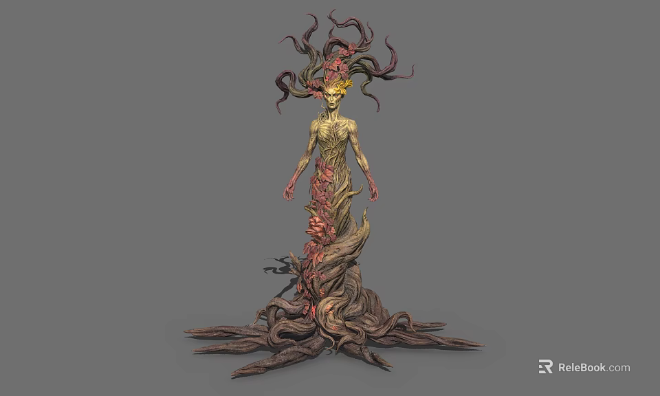 Mystical Humanoid Tree Creature Featuring Twisted Vines Floral Headpiece And Rooted Lower Body 3d model 