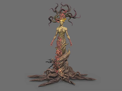 Mystical Humanoid Tree Creature Featuring Twisted Vines Floral Headpiece And Rooted Lower Body 3d model