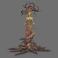 Mystical Humanoid Tree Creature Featuring Twisted Vines Floral Headpiece And Rooted Lower Body