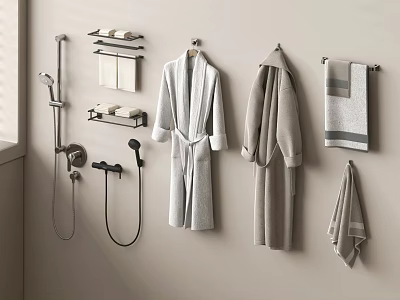 Modern Bathroom Soft Towels and Robes Hanging on Wall with Towel Rack 3d model