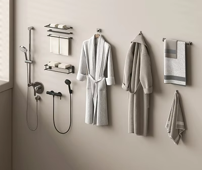 Modern Bathroom Soft Towels and Robes Hanging on Wall with Towel Rack 3d model