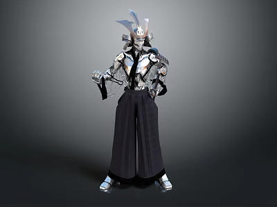Game Movie Character In Silver Armor With Black Clothing And Samurai Style Decorative Helmet 3d model