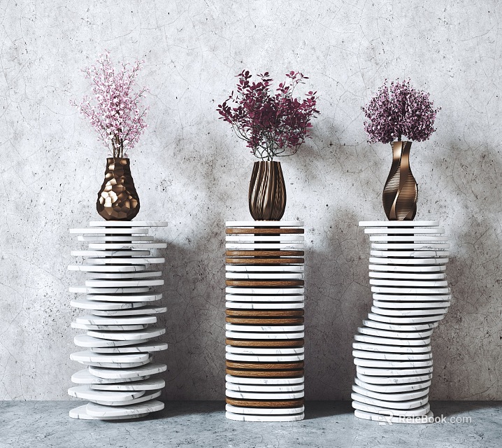 Modern Decorative Vases With Colorful Flowers On Stacked Circular Bases Against Gray Wall 3d model 