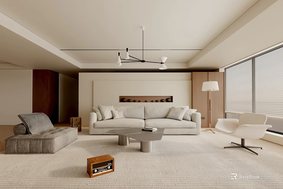 Modern Living Room Interior Design With Neutral Sofa Accent Chair Coffee Table And Area Rug 3d model 