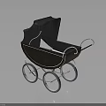 Vintage Baby Carriage With Black Canopy Brown Body And Four Wheels