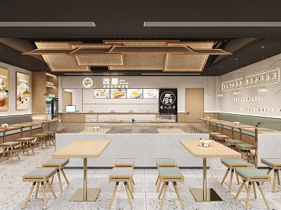 Modern Restaurant Interior With Wooden Tables Stools Bamboo Ceiling Decor Counter And Menu Boards 3d model