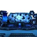 Futuristic Ballroom Interior Design With Hexagonal Blue Lighting And Dance Floor