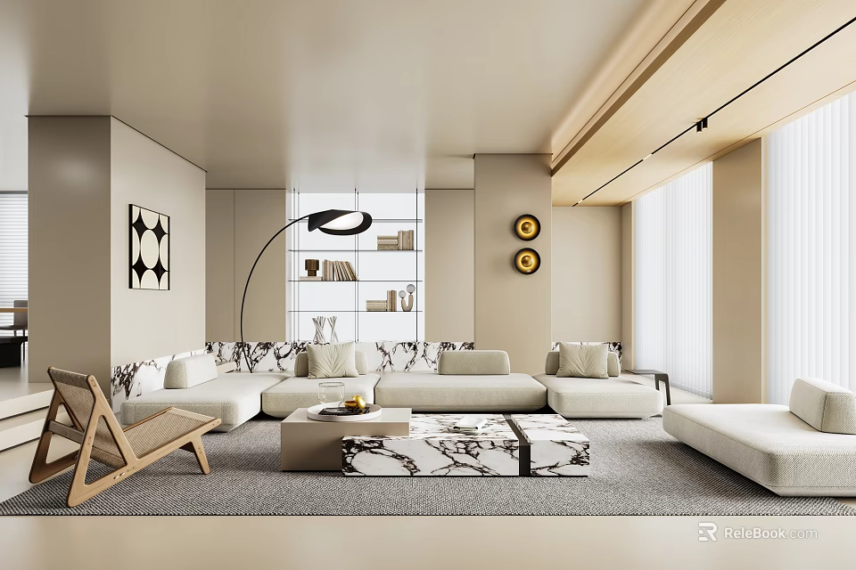 Modern Living Room Interior With Light Sofa Patterned Rug Floor Lamp And Wall Art 3d model 