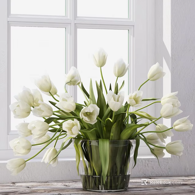 Beautiful White Tulips Arranged In Glass Vase Near Window With Natural Light 3d model 