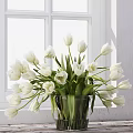 Beautiful White Tulips Arranged In Glass Vase Near Window With Natural Light