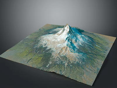 Modern 3D Mountain Terrain Model Featuring Snow Capped Summit Green Landscape And Square Base 3d model