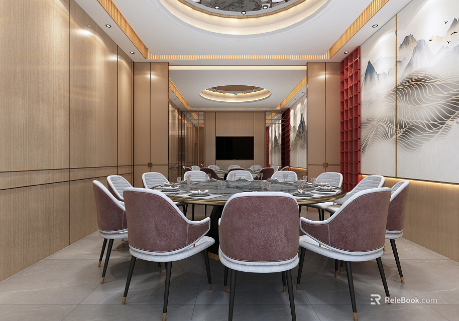 Elegant Private Dining Room Interior With Round Table Pink Chairs Wooden Walls And Decorative Paintings 3d model 