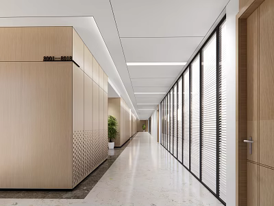 Modern Office Corridor With Wooden Walls Glass Partitions Blinds Lighting And Green Plant 3d model