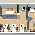 Modern Office Space with Open Layout Staircase Bookshelf and Desk Chairs Setup