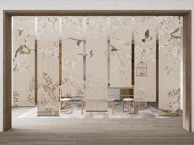 Light Colored Oriental Curtains with Floral Bird Patterns and Birdcage in Indoor Tea Room 3d model