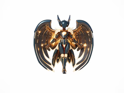 Game Movie Character With Metallic Wings Gold Black Armor And Glowing Details 3d model