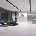 Modern Minimalist Office Reception Area With White Marble Floor And Comfortable Blue Lounge Chairs