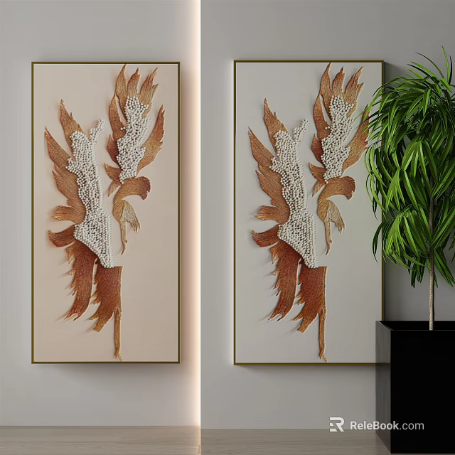 Two Leaf Shaped 3D Wall Art Decorations With Light Beige Background And Green Plant 3d model 