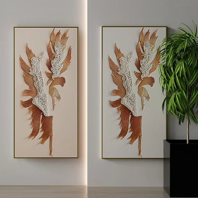 Two Leaf Shaped 3D Wall Art Decorations With Light Beige Background And Green Plant 3d model
