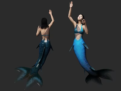 Women Depicting Mermaid Pose With Blue Tails In Back And Front Views 3d model